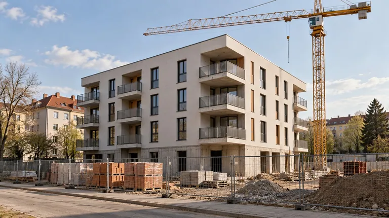 Nový menší bytový dům ve výstavbě s jeřábem a oploceným staveništěm