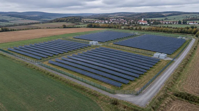 Letecký pohled na solární park rozdělený ploty na několik stejných částí